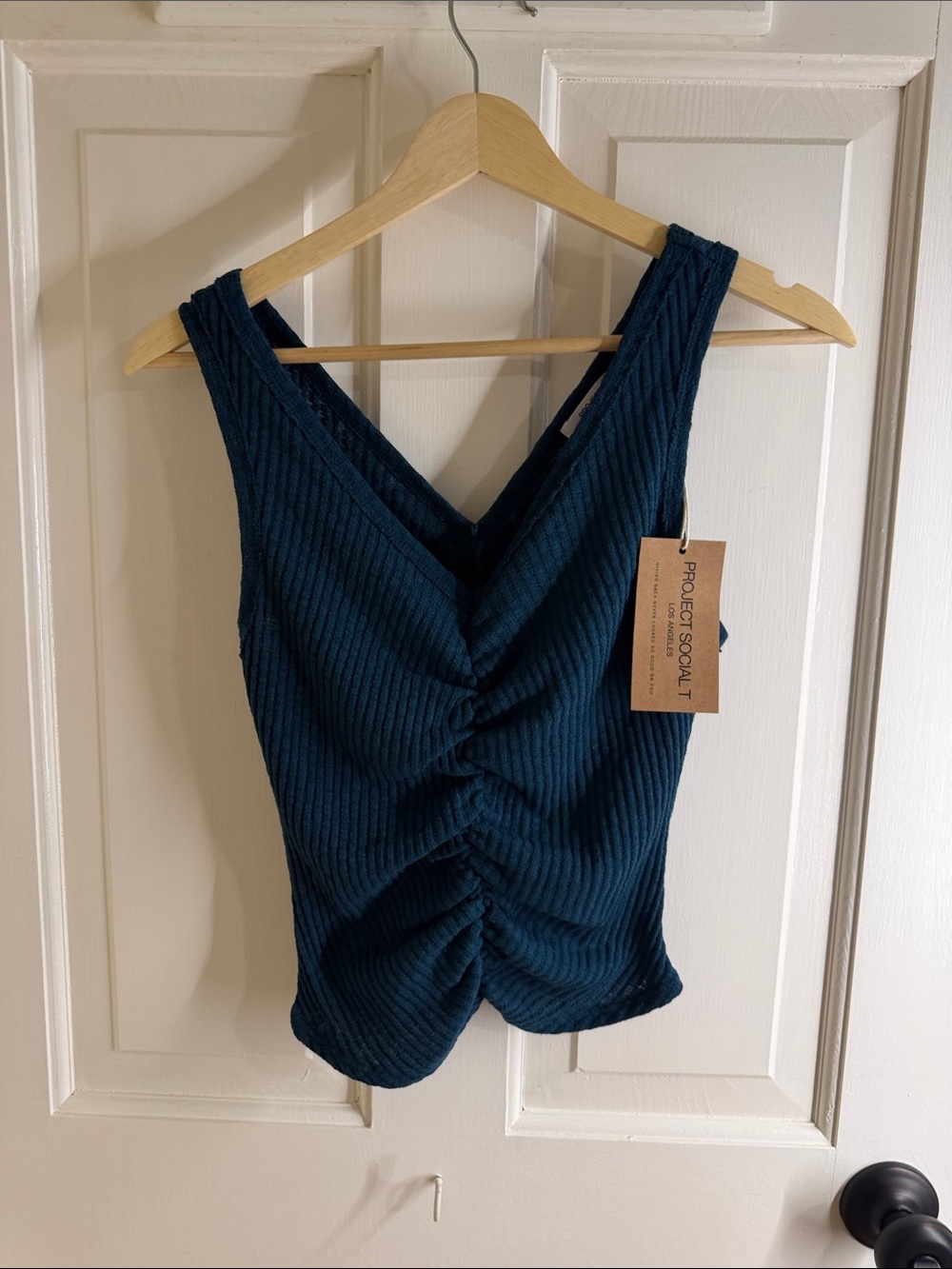 Project Social T Deep Teal Ribbed V-Neck Ruched Tank